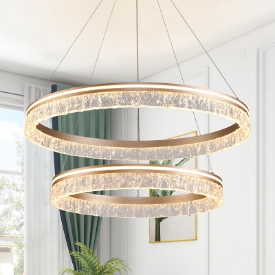 BAOURE Modern LED Chandelier 2 Ring 23.6in Grey Pendant Lighting  for Kitchen Island Dimmable LED Pendant Ceiling Light with Remote for Dining Room