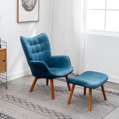 Mid-Century Silky Blue Velvet Accent Chair and Ottoman Set