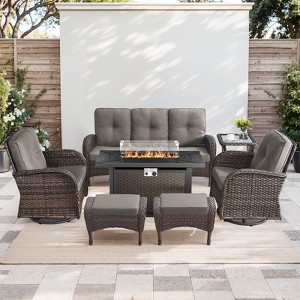 Buenhomino 7PCS Patio Conversation Set Brown Wicker Swivel Patio Chair Sofa Ottoman Set with Side Table and Fire Table PE Rattan Furniture Set - 1 of 4