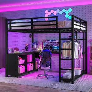 Queen Size Metal Loft Bed with Storage Cubes and Shelves - 1 of 4