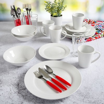 Regal White 32-Piece Porcelain Dinnerware Set with Red Handle Utensils