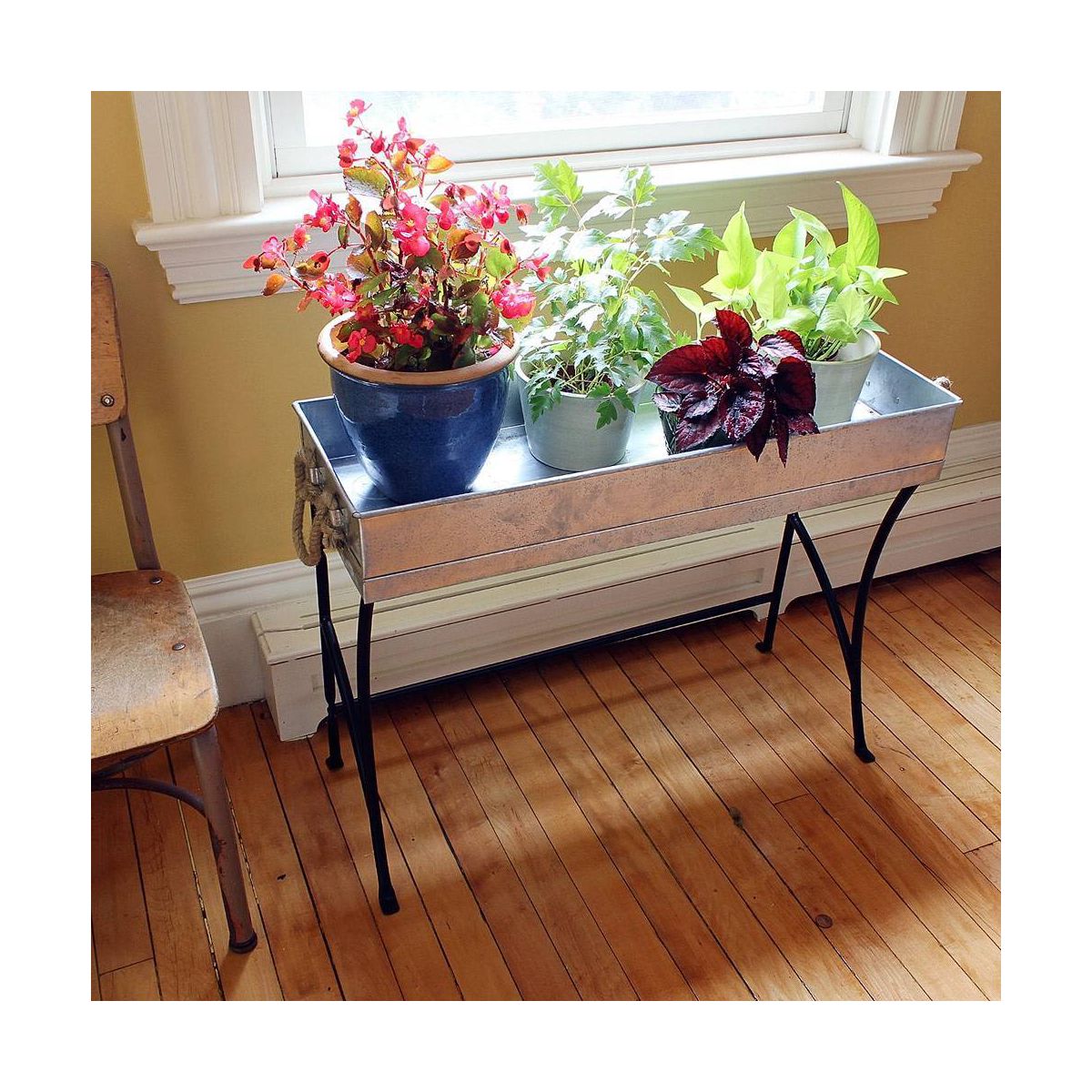 22" Stylish Trestle Indoor Outdoor Steel and Iron Plant Stand Black Powder Coat Finish - Achla Designs: Galvanized Tray, No Assembly Required - thumbnail 6