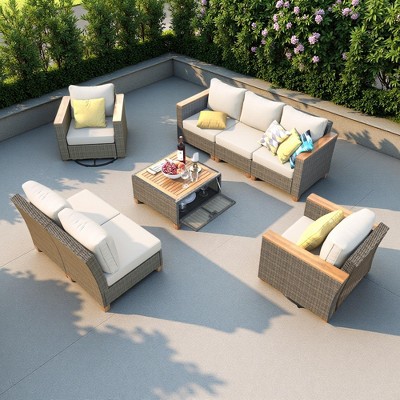 8-Piece Outdoor Patio Wicker Conversation Sofa Set with 2 Swivel Rocking Chairs and Acacia Storage Table