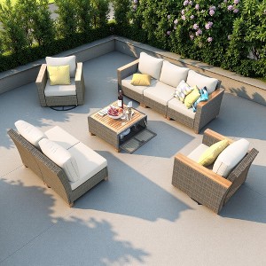 8-Piece Outdoor Patio Wicker Conversation Sofa Set with 2 Swivel Rocking Chairs and Acacia Storage Table - 1 of 4