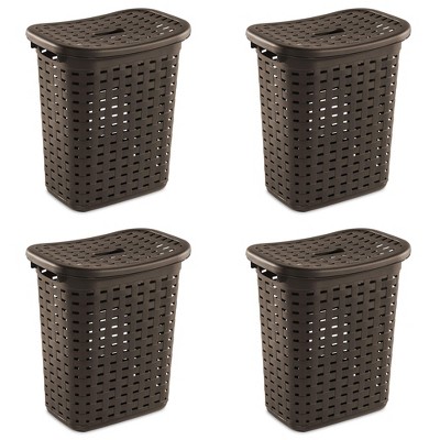 Sterilite Plastic Wicker Weave Dirty Clothes Laundry Hamper Bin with Lid, Espresso Brown (4 Pack)