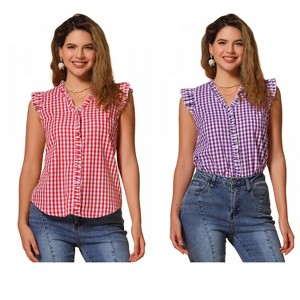 INSPIRE CHIC Women's Cap Sleeve Plaid Gingham Ruffle Shirt 2 Packs - 1 of 4