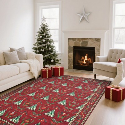Christmas Festive Area Rugs 6x9 Indoor Carpet, Non-Slip Washable Soft Faux Wool Floor Mat Low Pile Foldable Accent Rug for Bedroom Living Room
