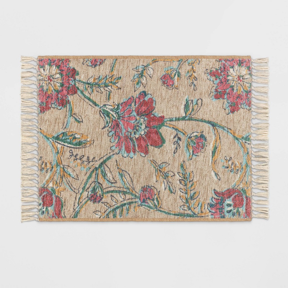 Photos - Area Rug 2'x3' Washable Floral Printed Accent Rug Beige/Red - Threshold™: Machine Washable, Low Pile, Indoor Use