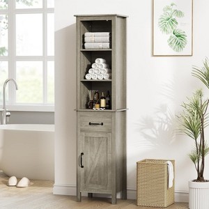 Slim Bathroom Storage Cabinet with Adjustable Shelves, Farmhouse-Style Narrow Bookcase for Organizing Bathroom and Living Room Essentials, Grey - 1 of 4