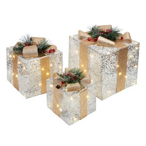 CuisinSmart 3 Pcs Christmas Lighted Gift Boxes, Pre-Lit Gift Present Boxes with Ribbons & Bows, Light Up Xmas Ornaments for Christmas Tree Yard Lawn - 1 of 4