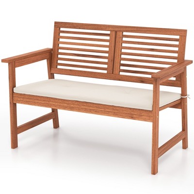 Tangkula Outdoor Bench with Cushion 2-Person Patio Bench w/Slatted Back & Seat Garden Backyard Balcony