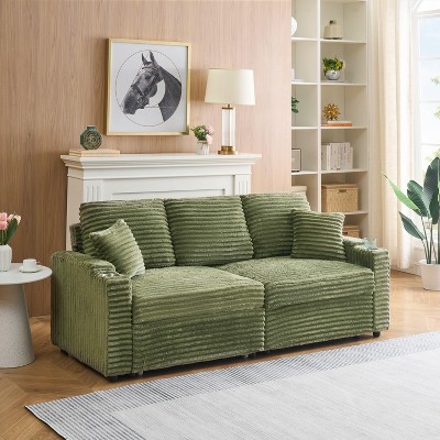 NicBex 80 Inch Corduroy 2 Seat Sofa with Foldable Chaise Longue and Cup Holders for Living Room,Apartment,Office,Green