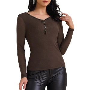 INSPIRE CHIC Women's Semi Sheer Long Sleeve Ruched V Neck Sequin Panel Casual Party Shirt - 1 of 4