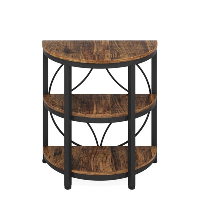 SEVOBAL End Tables Three Tier Half Moon Table with Industrial Frame and Open Storage for Living Room Bedroom, Deep Rustic Brown, 25.98"*29.92"*4.33"
