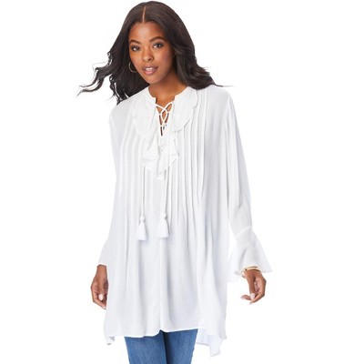 Roaman's Women's Plus Size Ruffle Pintuck Crinkle Tunic