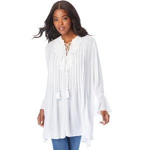 Roaman's Women's Plus Size Ruffle Pintuck Crinkle Tunic - 1 of 4