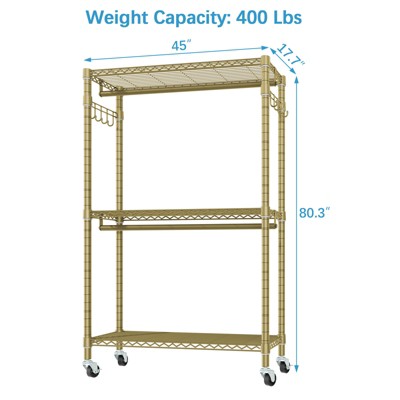 Gold Heavy Duty 3-Tier Rolling Garment Rack with Adjustable Shelves