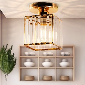 DORESshop 5.5 in. 1-Light Gold Square Crystal Semi Flush Mount Ceiling Light for Foyer Closet Entryway Kitchen Bedroom Dining Room - 1 of 4