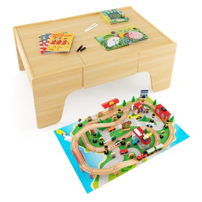 Safstar Kids Wooden Train Table Set 84 PCS Playset w/ Reversible Tabletop Storage Drawer