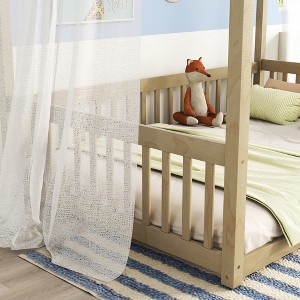 Gulches Full Size Wooden Canopy Frame Floor Bed - Fence, Guardrails, Minimalist Design, Natural - 1 of 4