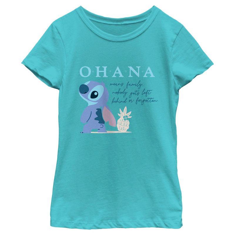 Girl's Lilo & Stitch Ohana Means Family Nobody Gets Left Behind or Forgotten T-Shirt, 1 of 5