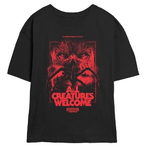 Juniors Womens Stranger Things Monster Collage All Creatures Are Welcome T Shirt - 1 of 4