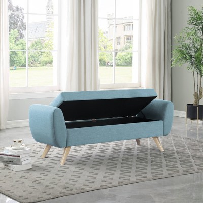 French Blue Upholstered Storage Bench with Wood Legs