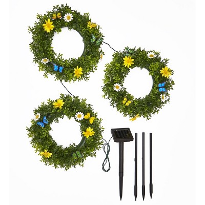 Lakeside Lighted Artificial Boxwood Wreath Trio with Faux Flowers and Solar Stake