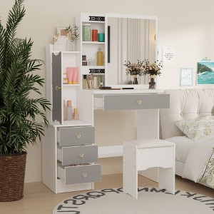 Famapy Makeup Vanity Set with Stool and Mirror 3 Color Touch Light Dressing Table Vanity Dresser - 1 of 4