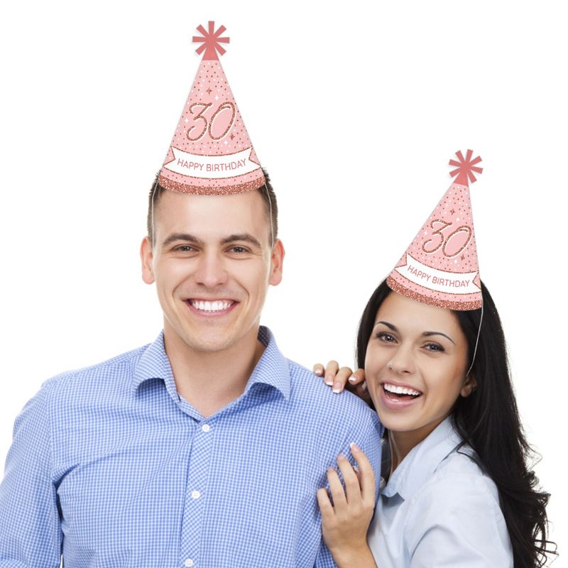 Big Dot of Happiness 30th Pink Rose Gold Birthday - Cone Happy Birthday Party Hats for Adults - Set of 8 (Standard Size), 2 of 8