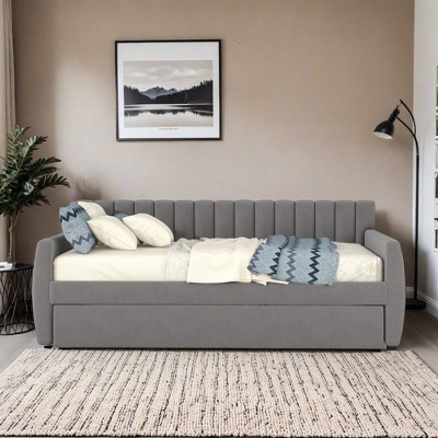 Upholstered Multifunctional Full Daybed with Trundle and Wood Slat Support - Leovsnove