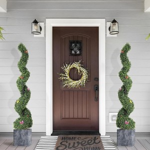 4/5ft Artificial Spiral Boxwood Topiary Trees – 2-Pack Outdoor Faux Plants with Insect Accents for Porch, Garden & Indoor Decor - 1 of 4