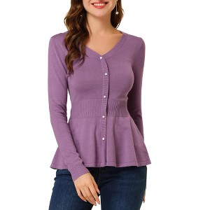 Allegra K Women's Slim Fit V-Neck Long Sleeve Ribbed Pullover Knitted Peplum Sweater - 1 of 4