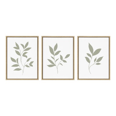 Modern Sage Green Botanical Print on Canvas with Natural Frame, 3 Piece Set