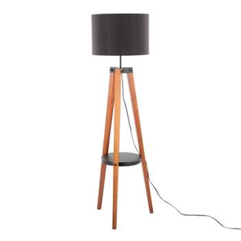 LumiSource Compass Mid-Century Modern Floor Lamp with Shelf in Walnut Wood Black Metal and Black Linen