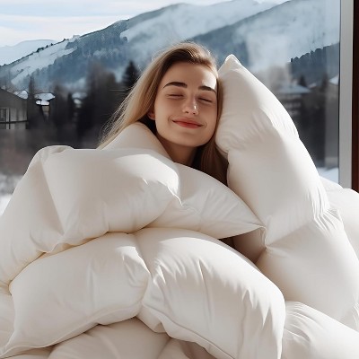 Wellos White All Season Feather Down Comforter 100% Cotton Cover with Corner Tabs