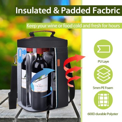 Black Insulated 4-Bottle Wine Carrier Tote with Leather Handle
