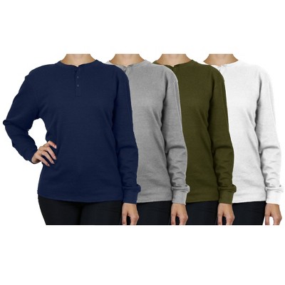 Blue Ice  Women's Loose Fit  Waffle-Knit Thermal Henley- 4 Pack