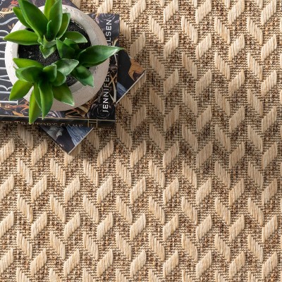 Elegant Beige Herringbone 4' x 6' Synthetic Indoor/Outdoor Rug