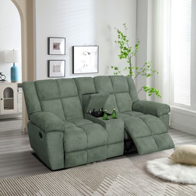 MAYEERTY Reclining Loveseat, 2-Seat Corduroy Fabric Recliner with Storage & Cup Holders for Living Room, Green