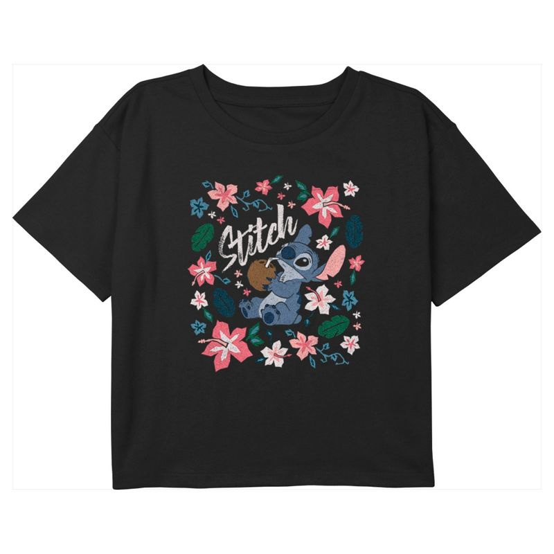 Girl's Lilo & Stitch Floral Poster Crop T-Shirt, 1 of 4