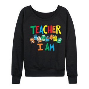Women's - Dr. Seuss - The Cat In The Hat Book Cover Teacher I Am Lightweight French Terry Wide Neck Long Sleeve Shirt - 1 of 4