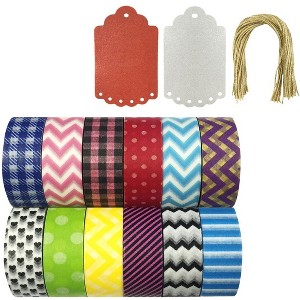 Wrapables Set of 12 Washi Tapes Decorative Masking Tapes + 20 Shimmer Tags - 1 of 4