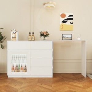 44"-85"W Sideboard, 360° Rotating Buffet Storage Cabinet with Drawers and Computer Desk, White, 4L -ModernLuxe - 1 of 4