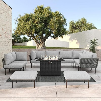 LayinSun 11 Pieces Rope Woven Patio Furniture Set, Modern Modular Sectional Sofa with Fire Pit Table and Upgrade Thickness Cushion