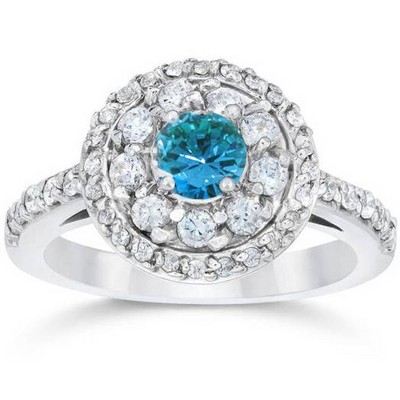 Pompeii3 1 5/8ct Blue Diamond Double Halo Vintage Engagement Ring 14K White Gold