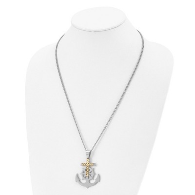 Chisel Stainless Steel Anchor with Yellow IP-plated Diamond cut Cross Pendant on a 24" Curb Chain Necklace