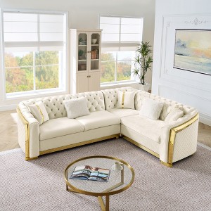Luxury 106" Velvet L-Shaped Chesterfield Sectional Sofa with Gold Steel Accents, Tufted Design & 5 Pillows, for Living Room, Easy Assembly - 1 of 4