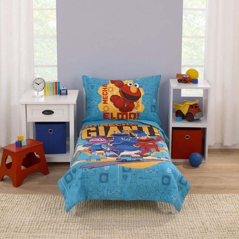 Sesame Street Mecha Builders Blue, Red, and Gold, with Cookie Monster, Elmo and Abby 4 Piece Toddler Bed Set, 1 of 7