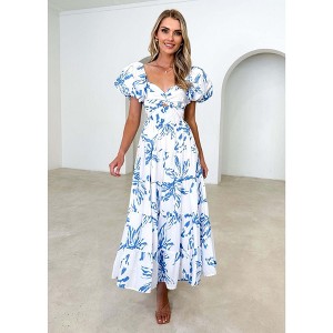 white christmas dresses Women's Round Neck Smocked Short Sleeve Casual Dress Swing Flowy Ruffl –  Trendy ShopLand main image 1
